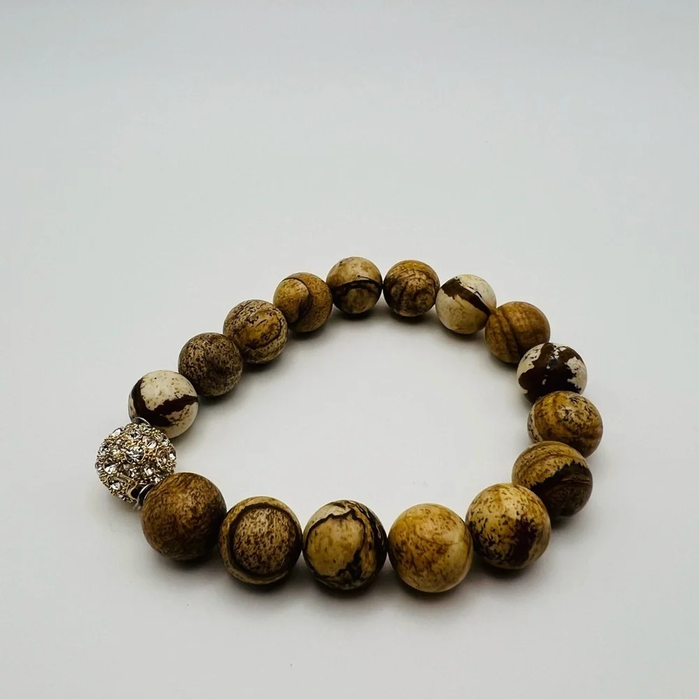 Brown Stretch Bracelet w/ Rhinestone Bead Boho Natural Stone